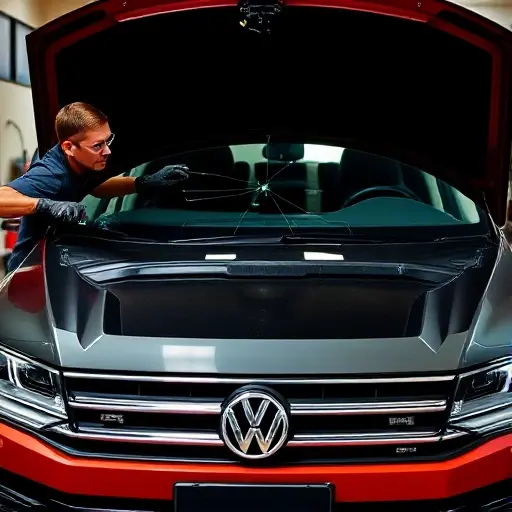 A detailed scene of a Volkswagen Touareg 3.0 V6 TSI 340 hp with its front hood open, a technician in safety gloves and goggles carefully removing the cracked windshield using suction cups and a specialized tool, the new windshield positioned nearby, workshop lighting highlighting the vehicle's sleek lines and the precision of the replacement process