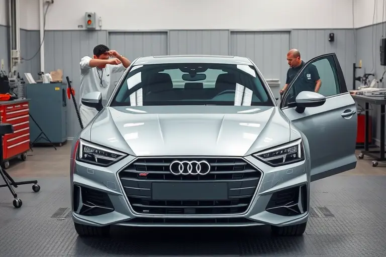 A professional automotive workshop scene showing a skilled mechanic carefully removing and installing a windshield on a silver Audi A6 3.0 V6 TDI (2020 model). The car is positioned front‑center with the hood open, the old windshield partially lifted, and a new glass ready to be fitted. Include realistic tools such as suction cups, a windshield removal tool, and a clean workbench. Emphasize high detail, realistic lighting, and a focus on the car and the replacement process, without any text or branding visible.