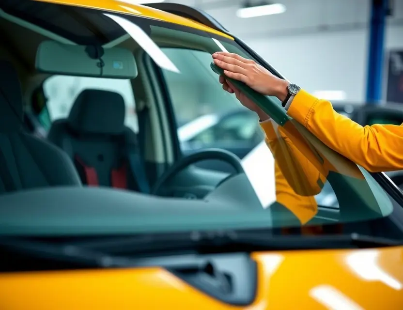 A high-quality image depicting a Renault vehicle with a windshield being replaced by a technician. The scene should be brightly lit, showing the replacement process clearly. Focus on the technician's hands working on the windshield and the new glass.