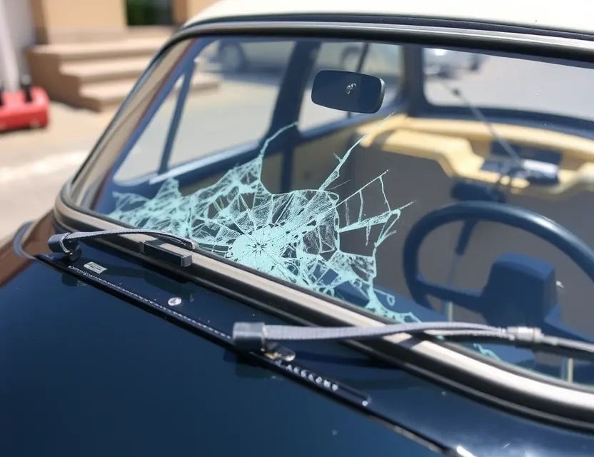 A close-up shot of a Wolseley Hornet with a cracked windshield, showing the area where the windshield needs replacement. The car is parked outdoors on a sunny day. Focus on the damaged windshield area.
