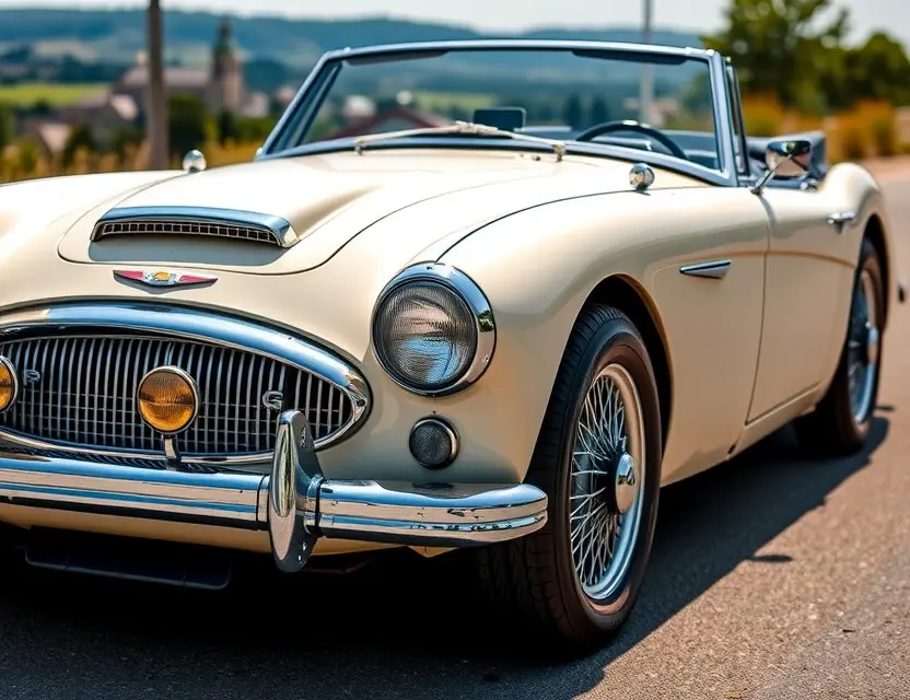 Замена лобового стекла Austin-Healey 100/4 A pristine classic Austin-Healey 100/4 sports car parked outdoors on a sunny day, featuring a newly installed, crystal-clear windshield with no visible cracks or chips, showcasing the vehicle's vintage chrome grille, wire-spoke wheels, and two-tone paint finish, captured in high resolution with natural lighting and a blurred scenic background