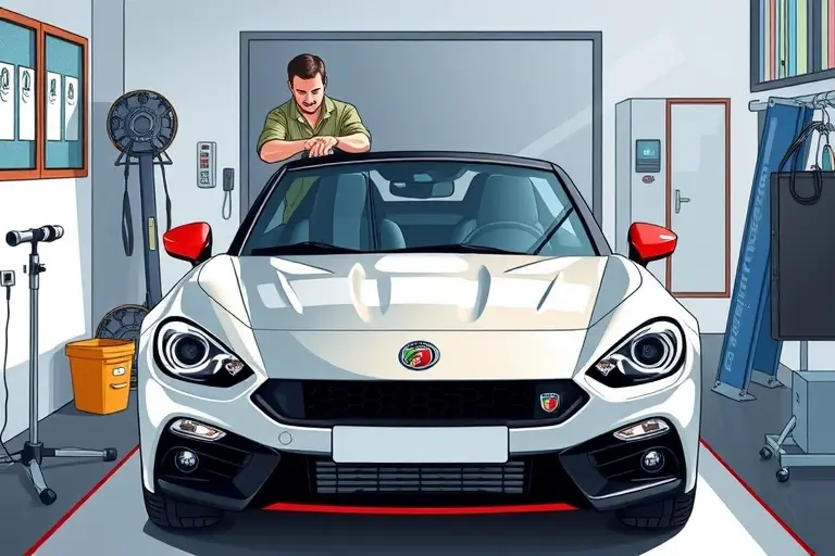 A high-resolution illustration of an Abarth 124 Spider 1.4 MultiAir 170 hp in a garage, with a mechanic carefully removing the damaged windshield and installing a new one. The car is centered, the windshield is the focal point, tools such as suction cups and a wrench are visible, bright natural lighting, realistic details, no logos or text.