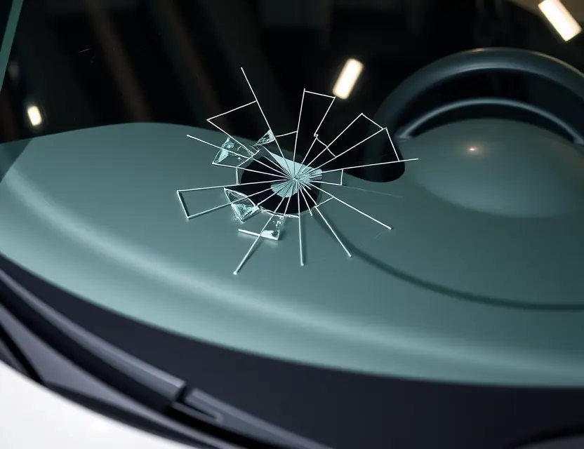 A close-up shot of a Tata Tiago with a cracked windshield, showing the area where the windshield needs replacement. The car is parked on a clean, well-lit surface. Focus on the damaged windshield area.