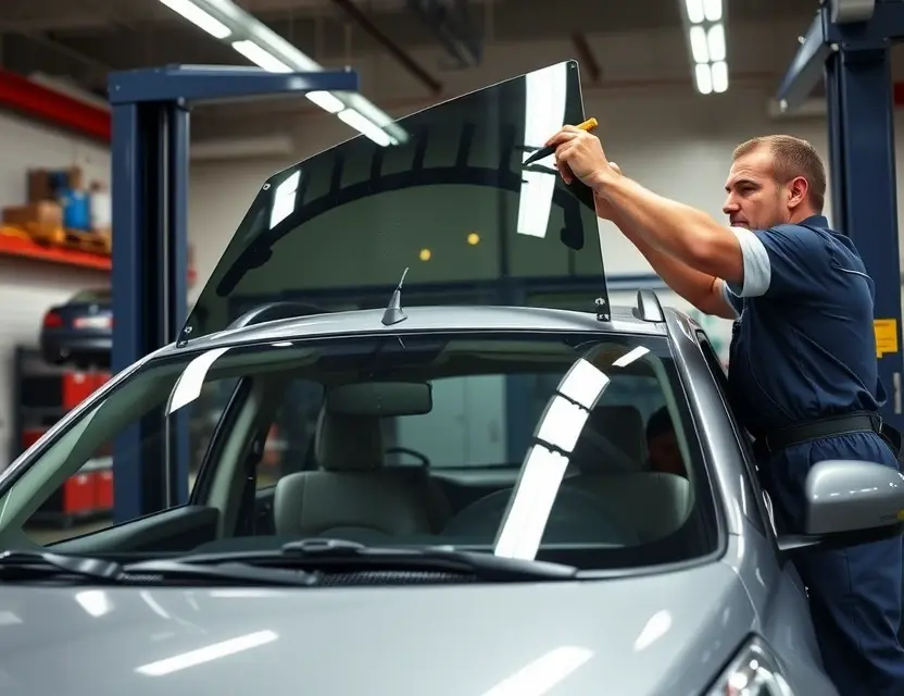 A mechanic is replacing a windshield on a Suzuki car in a garage. The car is raised on a lift, and the mechanic is using tools to remove the old windshield and install a new one. Focus on the car and the mechanic's hands working on the windshield.