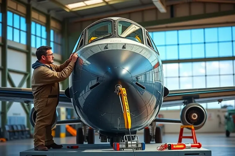 A detailed, realistic scene of a Bristol Blenheim aircraft in a hangar with its front windshield being replaced. The aircraft is positioned on a maintenance platform, with a skilled technician in a coverall and safety glasses holding a large glass panel, ready to install it. Tools and a small crane are visible nearby. The hangar interior is well-lit, with large windows showing a clear blue sky. The focus is on the aircraft's nose, the open cockpit, and the new windshield being aligned, emphasizing the precision of the replacement work.