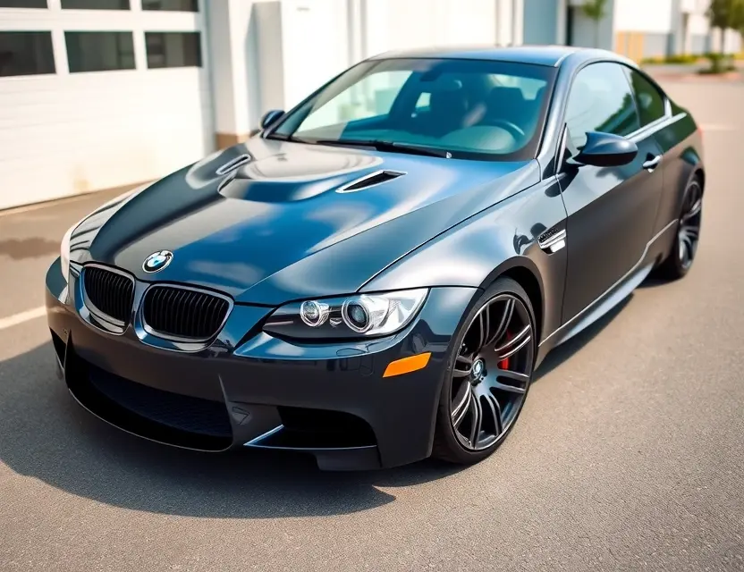 A high-quality image depicting a BMW M3 (E92) with a replaced windshield. The windshield is clear and new, seamlessly integrated with the car's design. The car is parked outdoors on a clean asphalt surface, with a slightly blurred background showing a modern garage or workshop. Focus should be on the windshield replacement.