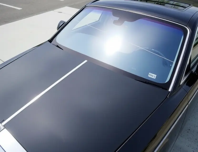 A Rolls-Royce Phantom with a replaced windshield, showcasing the new glass. The car is parked on a clean, modern surface. Focus on the clarity and quality of the replacement windshield.