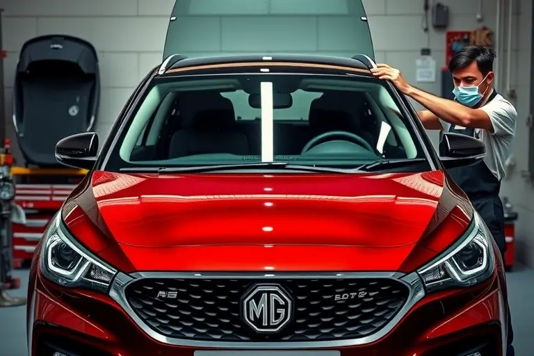 An MG HS 1.5 Turbo 168 hp (2018–present, 1st generation) car in a garage, front view, with a mechanic replacing the windshield. The mechanic’s hands are visible, using a suction cup and a windshield wiper to lift the old glass and install a new clear windshield. The garage contains a workbench, a set of tools, a spare windshield on a rack, and a safety mask on the mechanic. The image emphasizes the precision of the replacement process, focusing on the glass, the car’s front fascia, and the tools. No text or logos should appear.