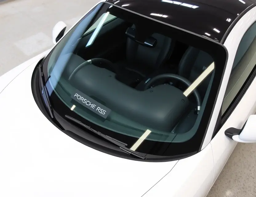 A Porsche 911 GT3 RS with a replaced windshield, showcasing the new glass. The car is parked on a clean, well-lit surface, possibly a service bay or dealership lot. Focus on the clarity and quality of the replacement windshield.