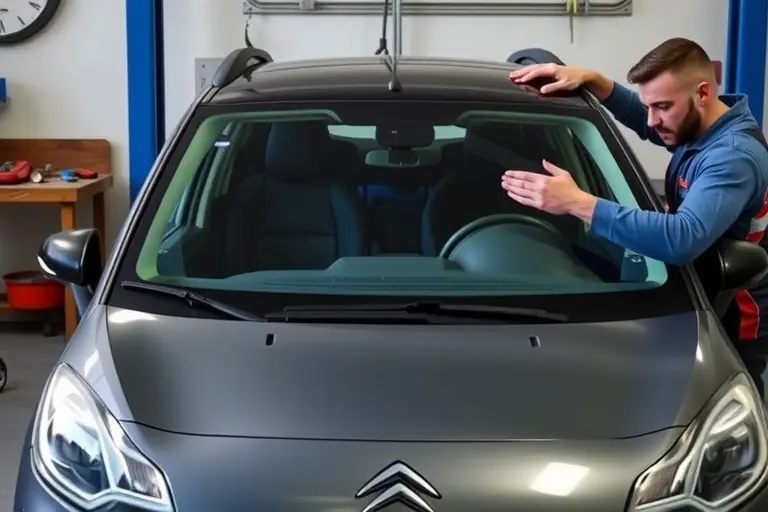 A realistic scene of a mechanic in a garage replacing the windshield of a 2018 Citroën C3 BlueHDi 1.5 100hp. The car's front is visible, the old windshield is being removed, a new windshield is being installed, with tools and a workbench in the background.