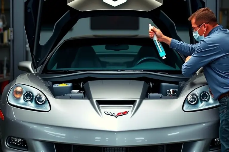 A realistic, detailed scene of a mechanic replacing the windshield on a Chevrolet Corvette C6 6.0 V8 LS2 400 hp in a well-lit garage. The Corvette is positioned on a lift with the hood open, the old windshield removed and a new one being fitted. Tools such as a suction cup, a windshield sealant applicator, and a safety mask are visible. The focus is on the car’s front, the mechanic’s hands, and the precise alignment of the new glass, with a subtle background of garage equipment.