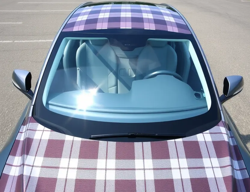 A Tesla Model S Plaid with a replaced windshield, showcasing the new glass. The car is parked on a clean, bright asphalt surface. Focus on the clarity and quality of the replacement windshield.
