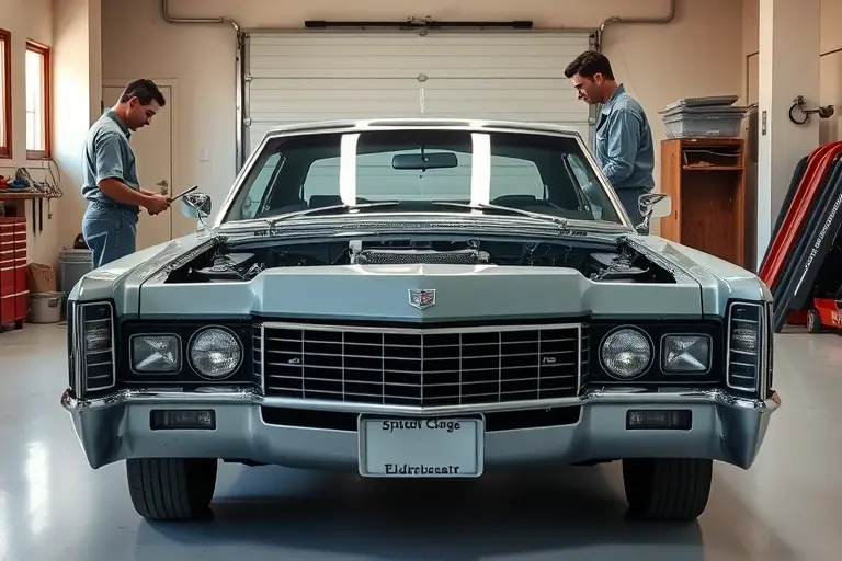 A 1967 Cadillac Eldorado with its windshield removed, showing the car's front frame and interior, a mechanic in vintage work clothes using tools to install a new windshield, set in a clean garage with soft lighting, realistic high-quality rendering