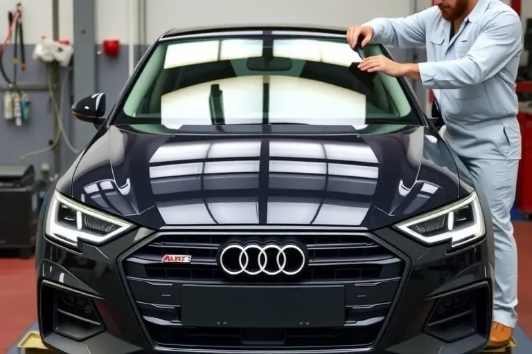 A realistic high-resolution scene of an Audi A1 (2018‑present) parked in a workshop, with a professional mechanic in a clean uniform using tools to remove the old windshield and install a new one; focus on the car's front, the glass, and the hands holding the windshield, bright workshop lighting, no logos or text