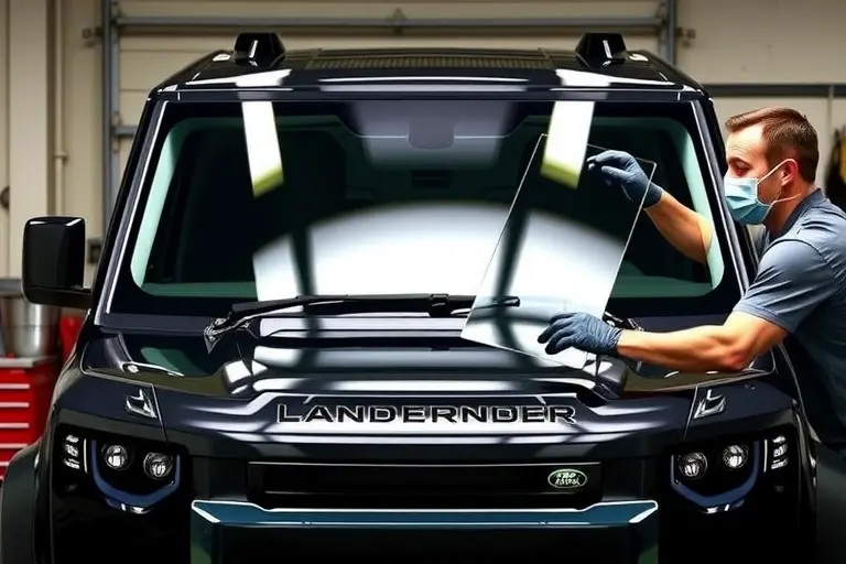 A detailed, realistic depiction of a mechanic replacing the windshield of a Land Rover Defender P400e PHEV 2.0 Turbo. The scene shows the vehicle’s front in a garage setting, the old windshield removed and a new one being fitted. The mechanic is wearing gloves and a protective mask, holding the new glass. The focus is on the windshield area, with the vehicle’s front frame visible, and a subtle background of garage tools. No text or logos should appear.