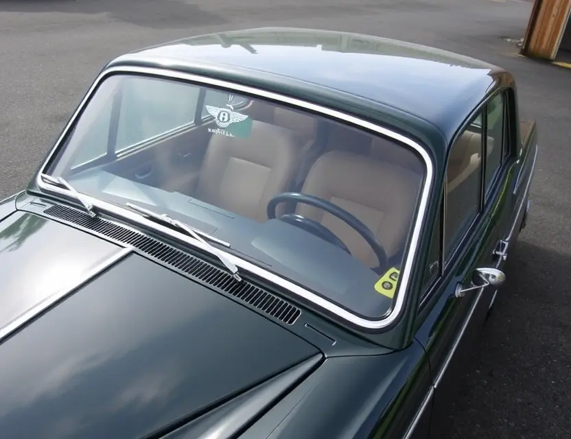 A high-quality image depicting a Bentley 3 Litre with a replaced windshield. The car should be parked outdoors on a clean, paved surface. The replaced windshield should be clearly visible, showing the new glass. Focus on the details of the car's exterior, highlighting its classic design.