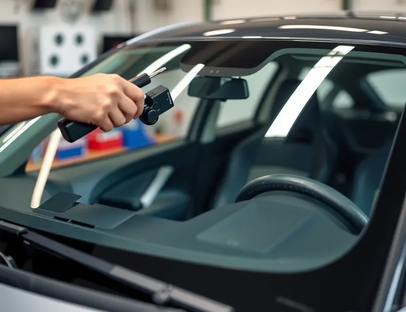 A close-up shot of a Leapmotor T03 car windshield being replaced by a technician. The focus should be on the replacement process, showing tools and the new windshield. The car should be partially visible in the background.