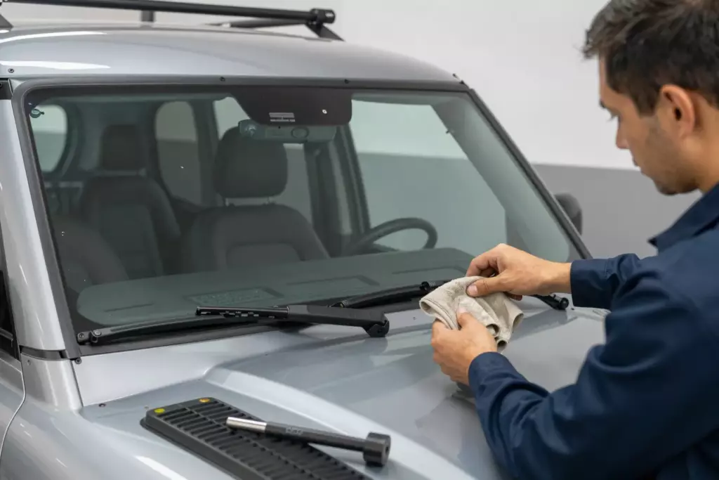 A mechanic in a garage preparing to replace the windshield of a Land Rover Defender 110. The old windshield is removed, revealing the empty frame. The mechanic is cleaning the frame with a cloth. Tools and a new windshield are visible nearby. Bright, professional lighting.