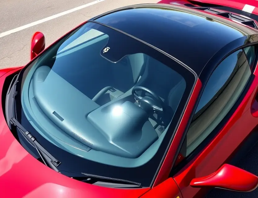 A high-quality image depicting a Ferrari 488 GTB with a replaced windshield. The windshield is clear and new, seamlessly integrated with the car's design. The car is parked on a clean, bright asphalt surface. Focus on the details of the windshield replacement and the car's sleek exterior.