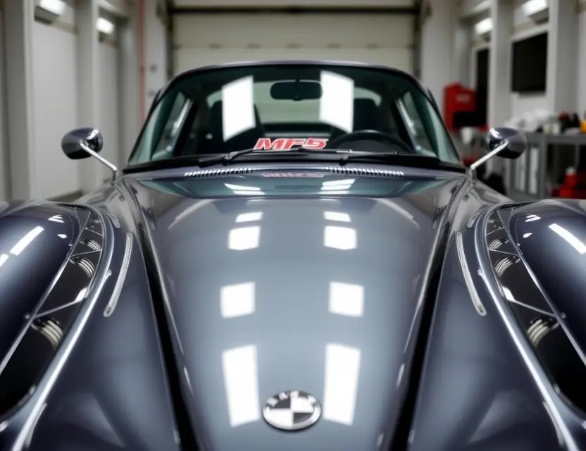 A Wiesmann MF5 car with a newly replaced windshield, viewed from the front at a slight angle, showing the sleek design and polished finish of the vehicle, in a well-lit garage setting with no people or text visible