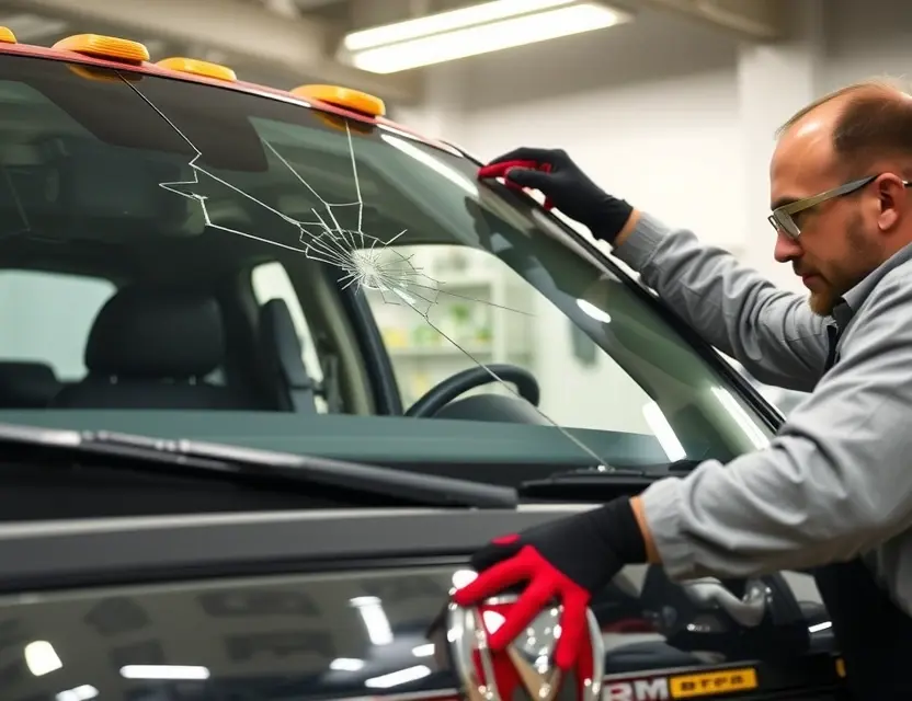 A high-quality image depicting a RAM truck with a cracked windshield being professionally repaired by a technician. The technician is wearing safety glasses and gloves, and the windshield is being replaced with a new one. The background shows a clean, well-lit garage or workshop. Focus on the repair process and the quality of the replacement glass.