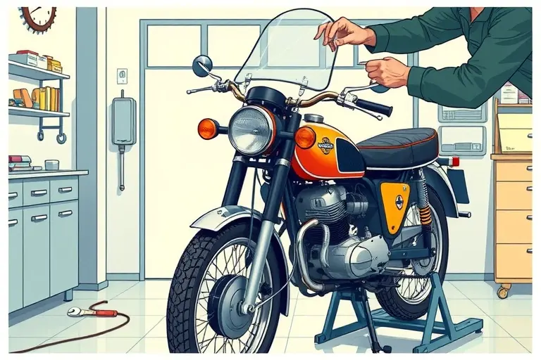 A detailed illustration of a classic 1965-1970 Anadón 750 motorcycle in a workshop, with a mechanic's hands carefully removing and installing a new windshield. The scene shows the motorcycle on a stand, the old windshield partially detached, tools like a screwdriver and wrench nearby, and a clean, well-lit garage environment. Emphasize the vintage design of the bike and the windshield replacement process, with realistic lighting and textures.