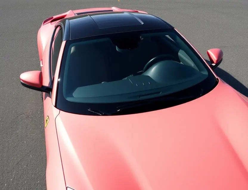 A high-quality image depicting a Ferrari Portofino with a replaced windshield. The car is parked on a clean, bright asphalt surface. The replaced windshield is seamlessly integrated with the original, showing no visible seams or imperfections. The lighting is natural and highlights the car's sleek design. Focus on the windshield replacement as the main subject.