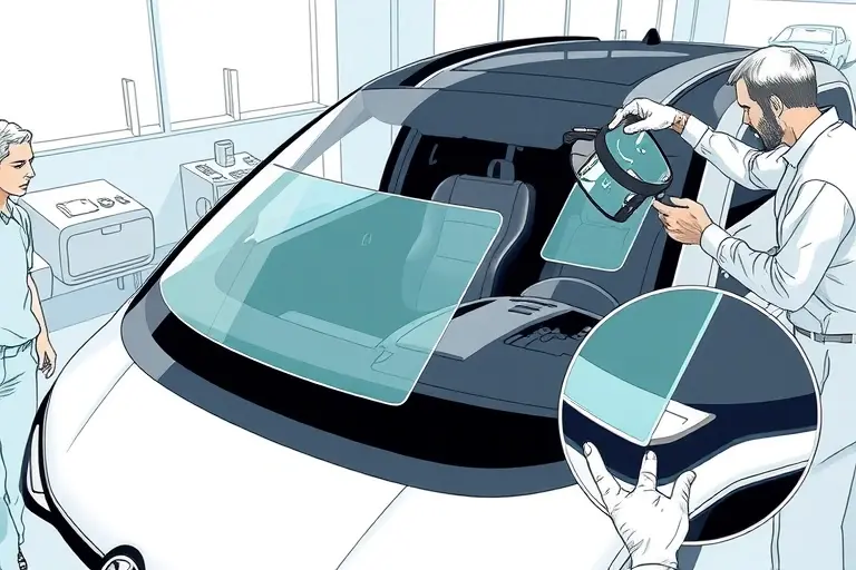 A detailed illustration of a Skoda Enyaq electric vehicle with its windshield being replaced. Show the car in a workshop setting, the old windshield removed, a new clear glass panel being fitted, mechanics using tools, and a close-up of the glass. The scene should emphasize the car's modern design and the precision of the replacement process.