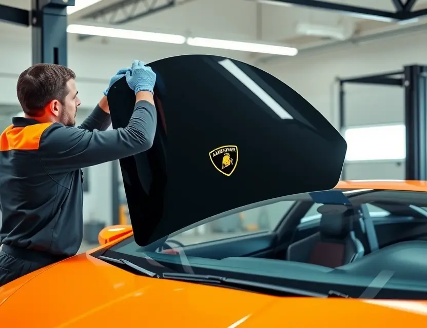 A professional mechanic replacing the windshield of a Lamborghini in a well-lit garage. The mechanic is wearing safety gloves and using specialized tools. The Lamborghini is parked on a lift, and the new windshield is being carefully installed. The scene should show attention to detail and precision.