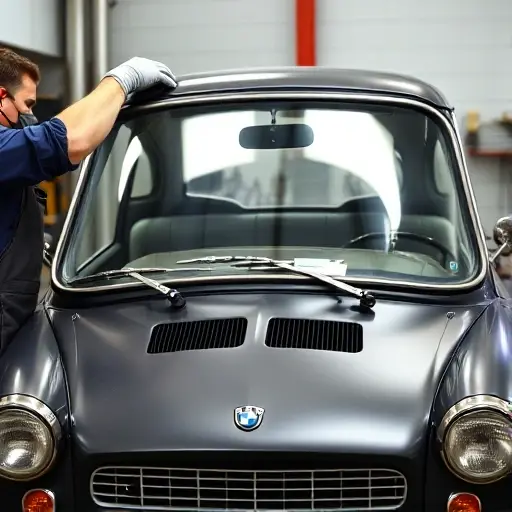 A mechanic in a garage, wearing gloves and a protective apron, carefully installing a new windshield on a Bertone Freeclimber 2.5 L TD 115 hp, with the old windshield removed and the new one being fitted. The image shows the car's front side, the mechanic's hands and tools, and the windshield area in a realistic, detailed style, with no text or lettering.