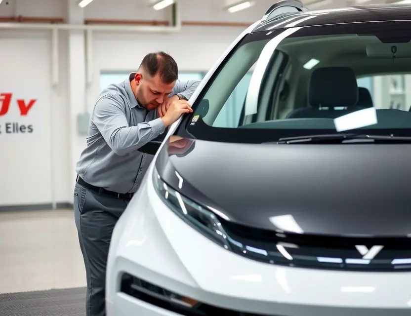 A modern electric car, specifically an Aion Y, with a technician carefully replacing the front windshield using professional tools, clean and well-lit auto service center background, no people other than the technician, no text or logos on the car or tools