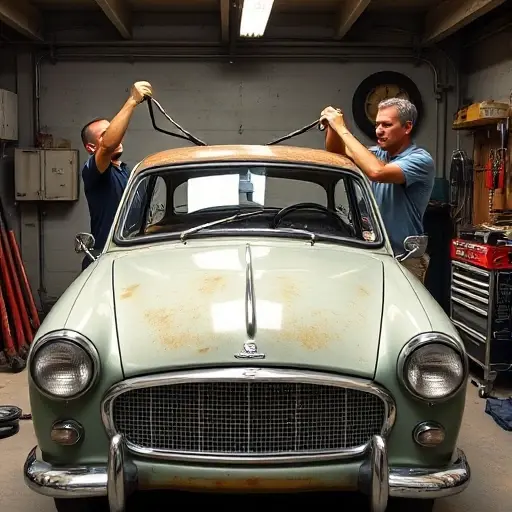 A mechanic in a garage carefully removing the old windshield of a 1959 Austin Cambridge 2.2 L R4 83 hp and installing a new one, with the car’s front visible and tools neatly arranged around the work area