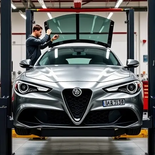 A professional auto repair shop scene showing a technician carefully installing a new windshield on a sleek Alfa Romeo Giulia. The car is elevated on a lift, with the old glass removed and the new glass being positioned. The setting is clean, well-lit, and modern, emphasizing precision and quality automotive service. The car's distinctive front grille and sporty design are visible.