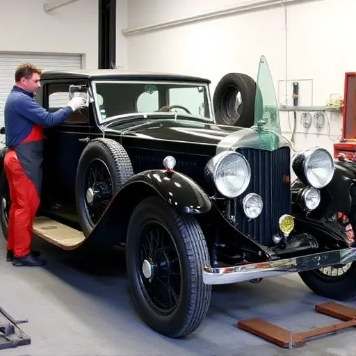 A classic Bentley 8 Litre from 1930–31 with its windscreen replaced, shown in a workshop setting. The car is positioned on a lift or in a garage, with a mechanic in a work apron holding a new glass panel. The old windscreen is removed and placed aside. The background is a simple garage environment with minimal clutter, focusing on the car and the replacement process.