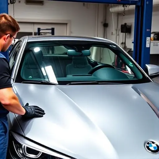 A mechanic in a garage, wearing gloves, installing a new windshield on a BMW 2 Series G42 2021 model. The car is on a lift, the old windshield is partially removed, the new windshield is being fitted, tools and a protective film are visible. No text, letters, or digits appear in the image.