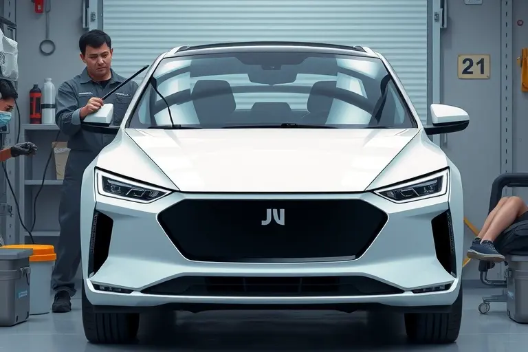 A high-resolution illustration of the Ji Yue 01 electric car (2023 model) with its front windshield replaced. The image should show the car from a slightly angled front view, highlighting the new clear glass, the surrounding work area, and a mechanic in protective gear holding a windshield wiper. The background should be a clean garage setting with subtle lighting to emphasize the car’s sleek design and the new glass clarity.