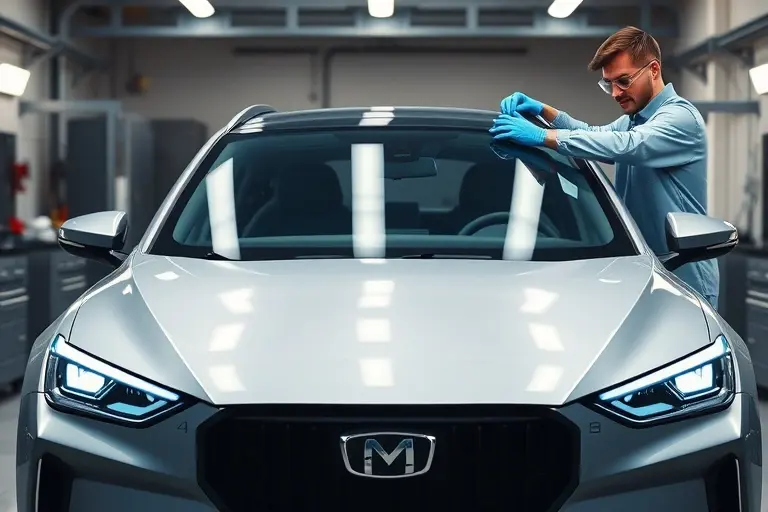 A modern AITO M9 hybrid EREV (2024 model) in a professional garage setting, with a technician wearing safety gloves and goggles carefully removing the old windshield and installing a new one. The focus is on the car's sleek front profile, the transparent windshield being replaced, and the surrounding automotive tools and equipment, all rendered in high detail and realistic lighting.
