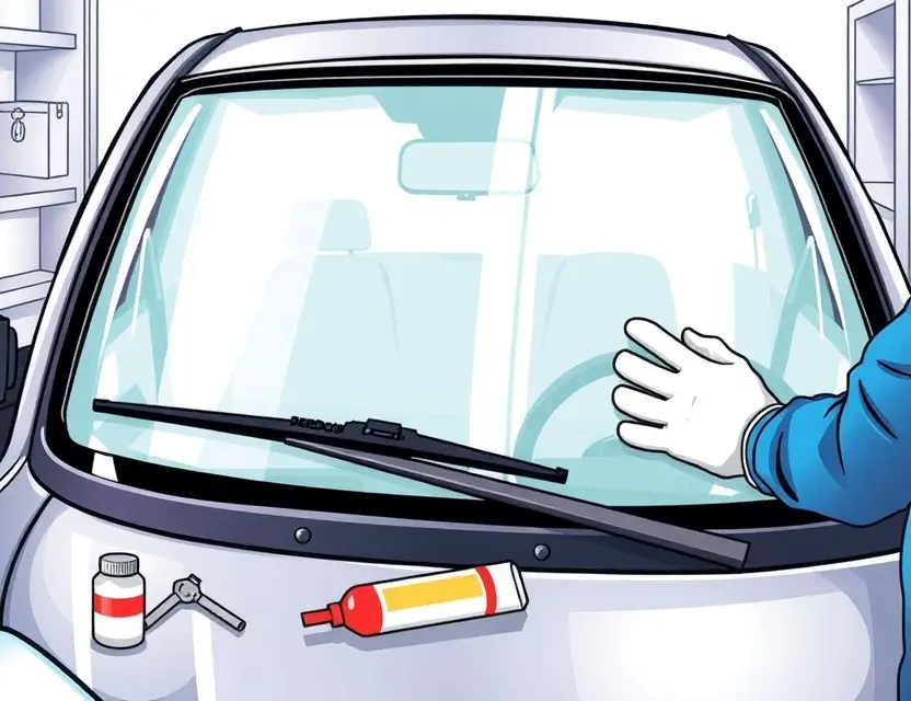 A clear, detailed illustration of a Perodua Axia car with its windshield being replaced by a mechanic in a professional auto repair shop. The focus is on the windshield installation process: the old glass is removed, the frame is clean and primed, and the new windshield is being carefully positioned with suction cups. Tools like urethane adhesive, gloves, and a windshield removal tool are visible on a nearby workbench. The car's interior is partially visible through the open windshield area, sho