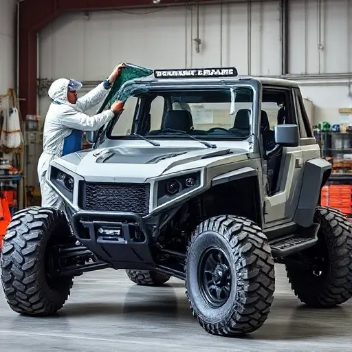 A Bowler Nemesis 5.0 V8 Supercharged off‑road vehicle parked in a workshop, with a technician in protective gear carefully removing the damaged windshield and holding a new windshield ready for installation. The scene shows the vehicle's rugged body, large wheels, and the open cabin where the glass replacement is taking place, captured in a realistic, detailed style.