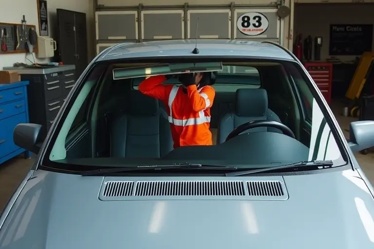 A detailed, realistic scene of a 1993 Brooklands Ace 3.0 V6 car in a workshop, focusing on the front of the vehicle where a technician in safety gear is carefully installing a new windshield. The car's body is clean and the surrounding area includes typical garage tools and equipment, with a clear emphasis on the windshield replacement process.