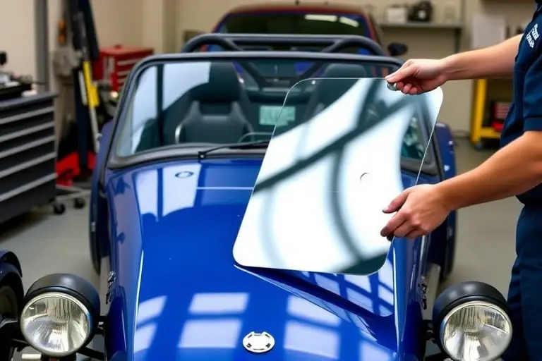 A mechanic in a garage replacing the windshield of a Caterham Seven 420 2.0 L Ford Duratec 210 sports car. The image shows the car’s front profile with the old windshield removed, a new clear glass panel being fitted, a set of automotive tools on a workbench, and the mechanic’s hands and forearm holding the new glass. The scene is realistic, with detailed car paint, a clear sky reflected in the glass, and a subtle background of a workshop. No text, letters, or numbers are present in the image.