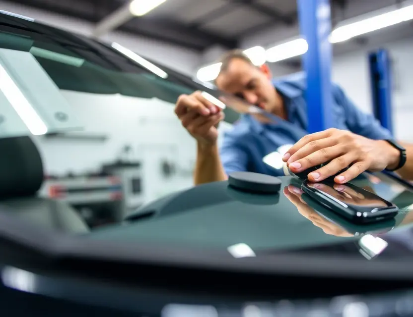 A close-up shot of a Bitter CD windshield replacement service. Focus on the technician carefully removing the old windshield and preparing for the new one. The background should be a clean, well-lit workshop environment.