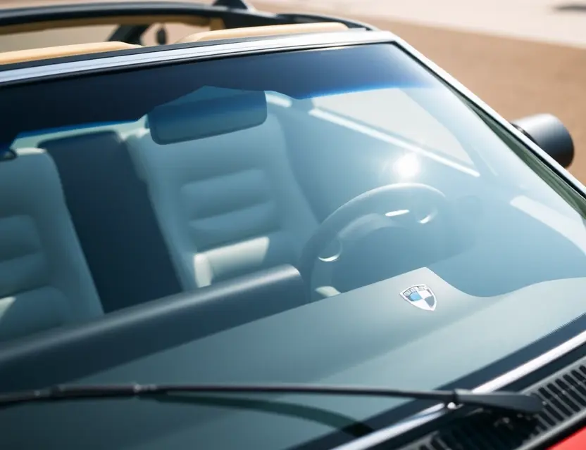 A close-up shot of a De Tomaso Deauville with a replaced windshield, showcasing the new glass. The car should be parked outdoors on a sunny day. Focus on the clarity and quality of the replacement windshield.