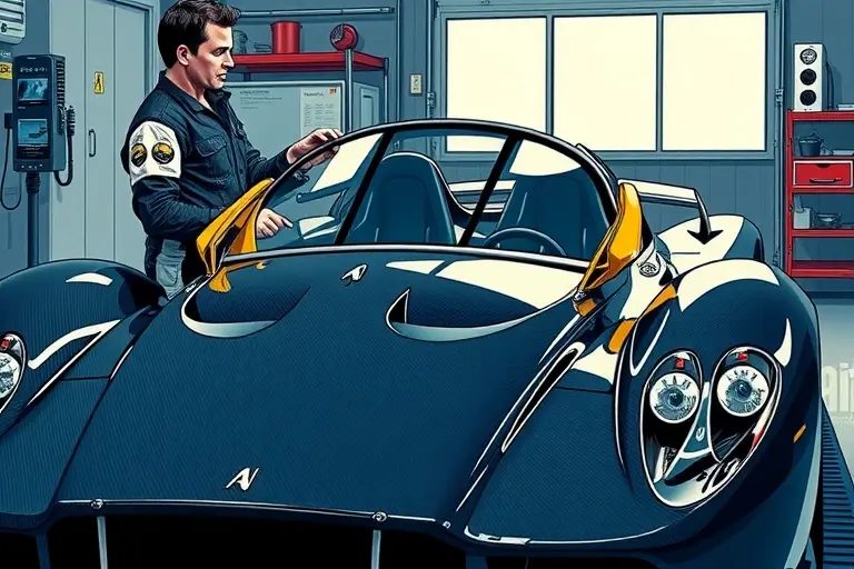 A high-detail illustration of an Ascari KZ1 sports car in a garage, with a technician carefully installing a new windshield. Focus on the sleek carbon-fiber body and the transparent glass being fitted, realistic lighting and reflections, no text or logos.