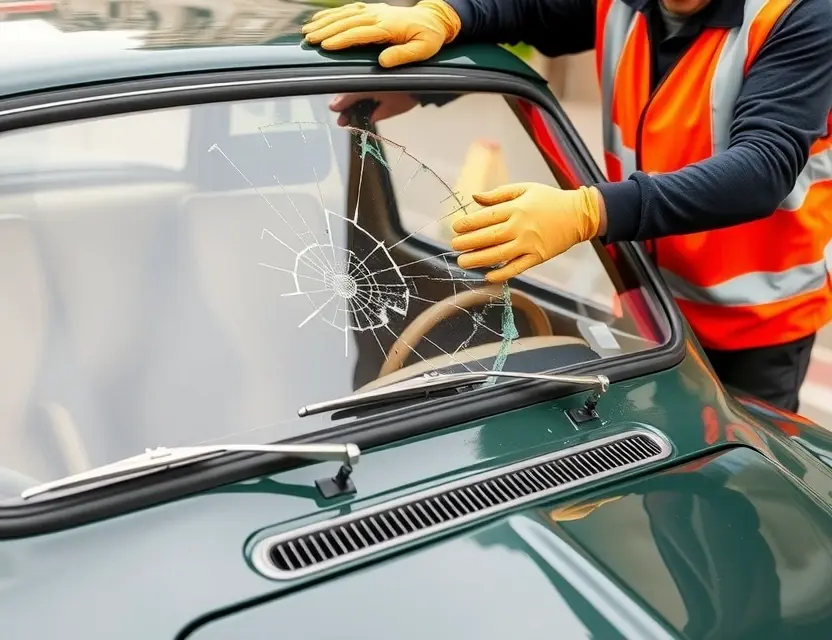 A Trabant car with a cracked windshield being replaced by a mechanic. The car is parked on a street. The mechanic is wearing a safety vest and gloves. The replacement windshield is being installed. Focus on the repair process and the car's details.