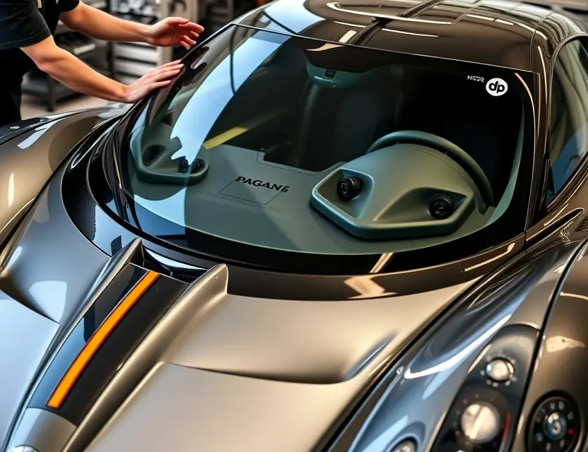 A high-quality image of a Pagani car with its front windshield being replaced, showing the process or the new glass installed, with detailed reflections and realistic lighting, no text or numbers on the glass