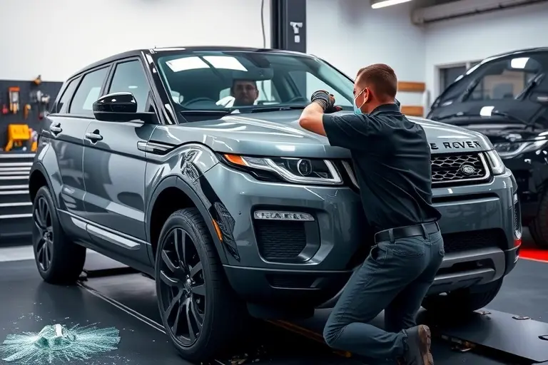 A detailed, realistic scene of a mechanic replacing the windshield on a Range Rover Evoque 2.0 Turbo 300 hp. The car is positioned on a hydraulic lift in a well-lit garage. The old, shattered windshield is partially removed, revealing the glass fragments on the floor. The mechanic, wearing a protective mask and gloves, is carefully aligning a new, clear windshield onto the vehicle’s frame, using a specialized adhesive tool. The background shows a neatly organized workbench with automotive tools, a Range Rover Evoque hood open, and a subtle reflection of the car’s sleek exterior on the garage floor. The focus is on the precision of the replacement process, highlighting the contrast between the damaged old glass and the pristine new windshield.
