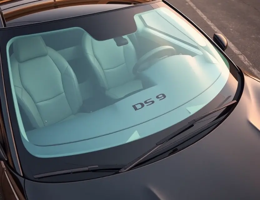 A high-quality image depicting a DS 9 automobile with a replaced windshield. The windshield is clear and undamaged, contrasting with the original windshield which shows signs of wear and tear. The car is parked outdoors on a clean asphalt surface. Focus on the details of the replacement and the overall aesthetic of the car.