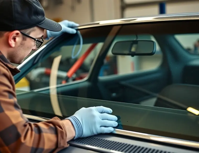 A close-up shot of a Buick Park Avenue windshield being replaced by a mechanic. The mechanic is wearing gloves and safety glasses, and the windshield is being held in place by suction cups. The background is a garage with tools and equipment.