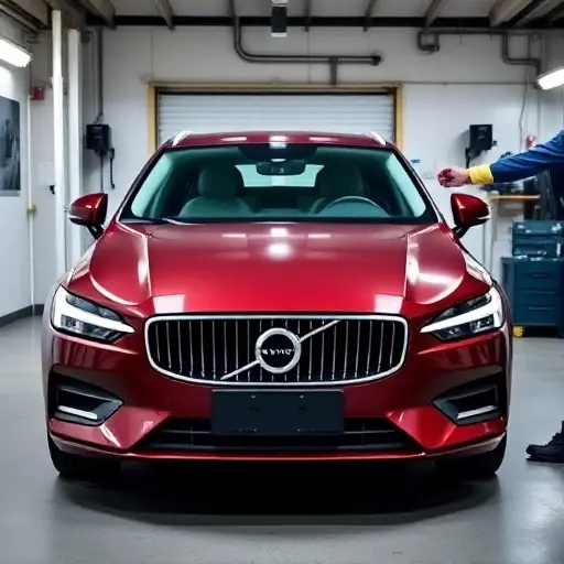 A Volvo V60 B5 MHEV 250 hp (model years 2018 to present) parked in a clean auto repair garage, with the front windshield being removed by a professional mechanic using appropriate tools. The scene shows the car's front end, the partially detached windshield, a suction cup device, and a toolbox nearby. The focus is on the vehicle and the windshield replacement process, with realistic lighting and a high-quality, detailed view.